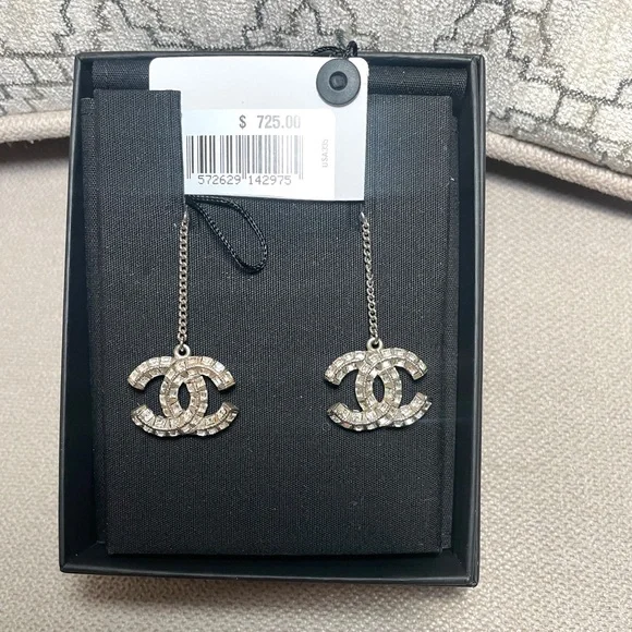 Authentic CHANEL Silver and Crystal Logo Earrings - Picture 5 of 7
